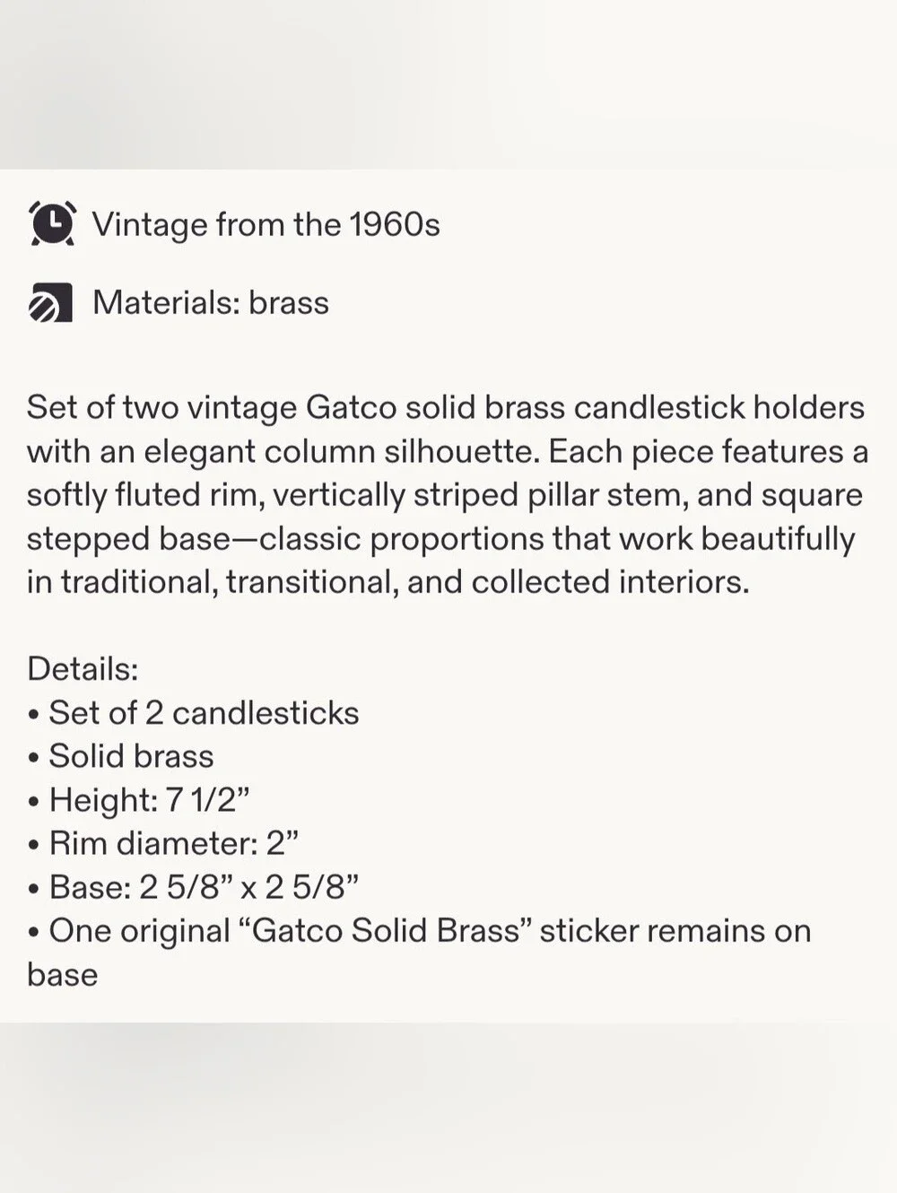 Vintage Gatco Brass Candlesticks, Fluted Pillar Candle Holders, Set of 2